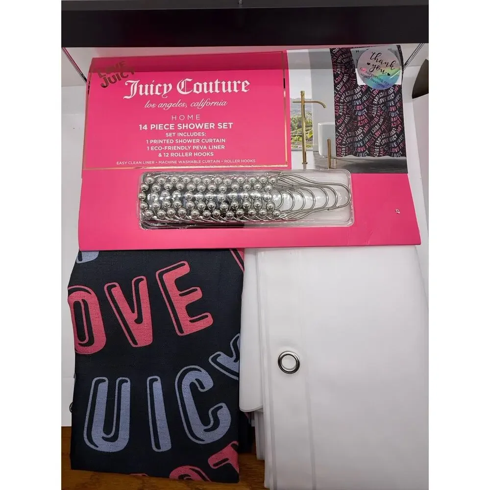JUICY COUTURE 14 PIECE SHOWER CURTAIN WITH HOOKS AND LINER JUICY COUTURE